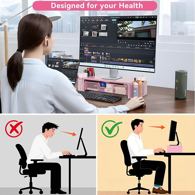 Qupui Computer Monitor Stand Riser with Drawer and Pen Holders, Desk Organizer Shelf and Accessories, Office Desk Accessories, Office Organization, Pink