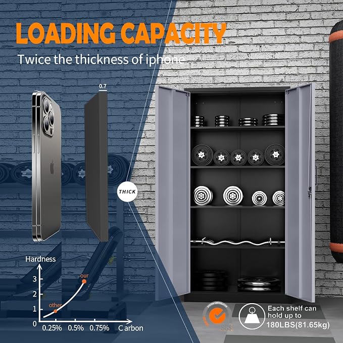 Yizosh Metal Storage Cabinet with Locking Doors and 5 Adjustable Shelves, 72" Garage Storage Cabinet Steel Lockable for Office,Home,Garage