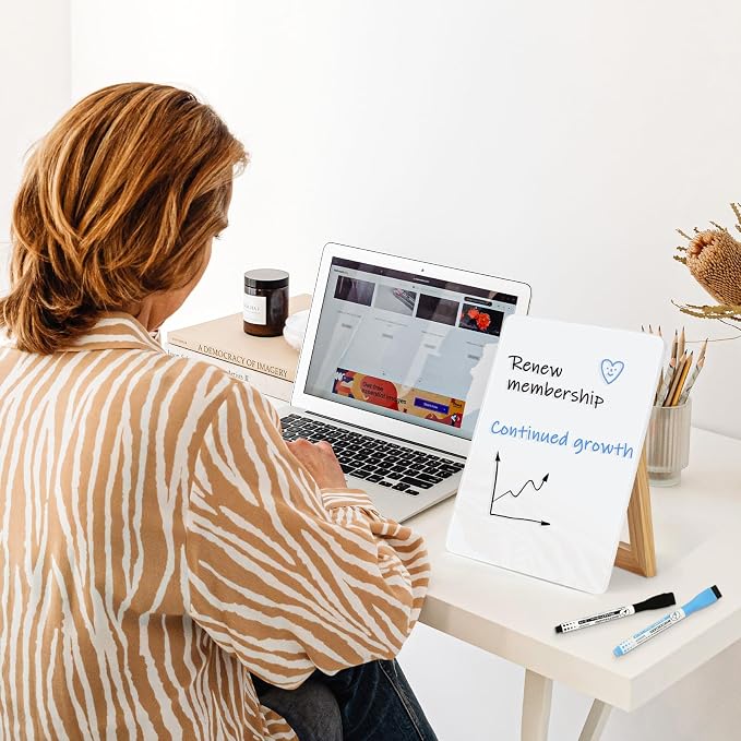 WALGLASS Desktop Glass White Board 9.5"x 6.7" with Reversible Wood Stand, Small Dry Erase Board, Portable Whiteboard for Desk, Reusable Desk Notepad with 2 Markers&Eraser for Home, Office