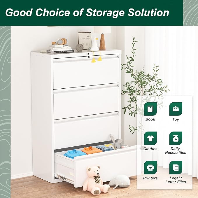Superday Lateral File Cabinet 4 Drawer, Filing Cabinets with Lock, Large Deep Locking Metal File Cabinets Two Drawer Filing Cabinet for Home Office/Legal/Letter/A4/F4(White)
