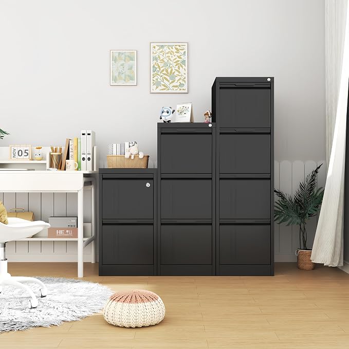 4-Drawer File Cabinet with Lock,Metal Vertical Filing Cabinets for Home Office,Under Desk File Cabinets for Letter/Legal/A4 Size Files,Easy Assemble,Black
