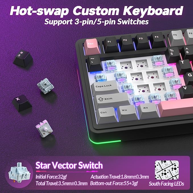 AULA S75 PRO Wireless Mechanical Keyboard with Screen&Knob, 75% Hot Swappable Gaming Keyboard with Pre-lubed Switches, RGB Backlit, PBT Keycaps Creamy Sounding Pc Gaming Keyboards
