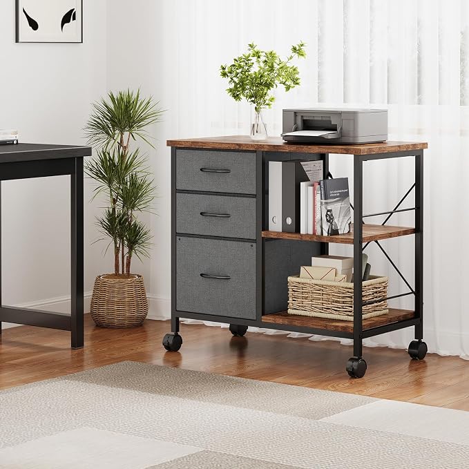 DUMOS 3-Tier Mobile File Cabinet, Printer Stand with Storage, Office Table with Drawers and Back Support Bar, Holds 110lbs for Home Office, Gray