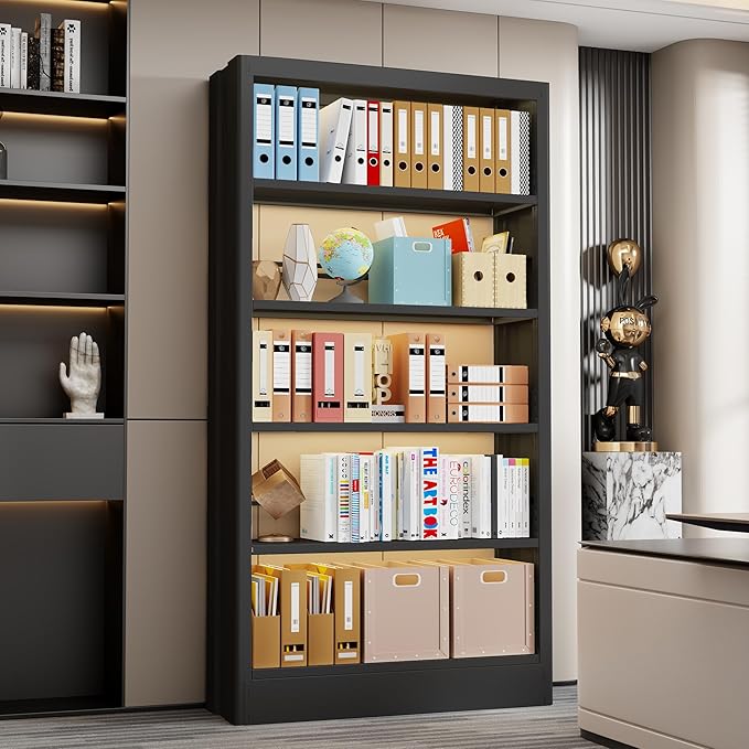 5-Tier Bookcase with Adjustable Storage Shelves, Heavy Duty Bookcase, Metal Bookshelf with Book Stopper, Black Bookcase Shelf for Library, Office, Living Room