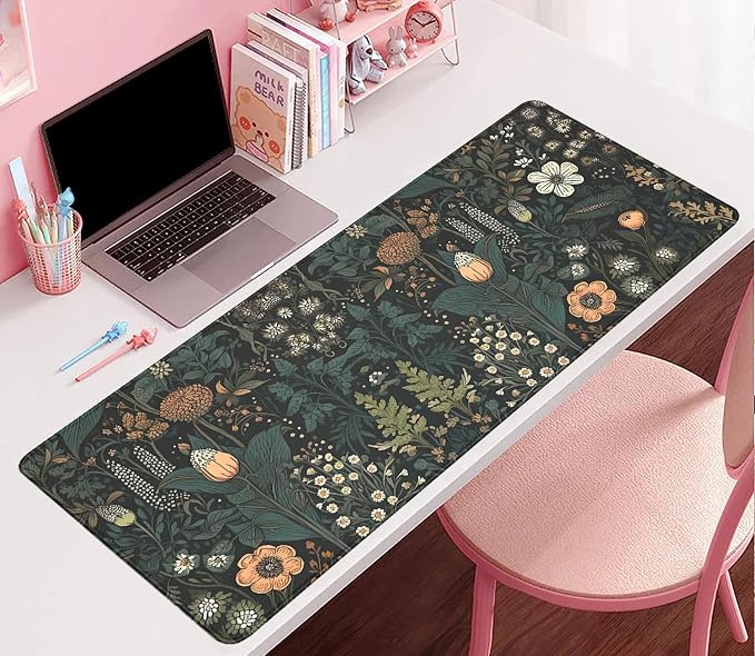 Dark Cottagecore Mouse Pad Floral Desk Pad,Botanical Mousepad, Vintage Desk Mat,Wildflower Mousepad with Stitched Edges Non-Slip Waterproof Rubber Base Mouse Mat for Office Work Home(27.5X11.8 in)
