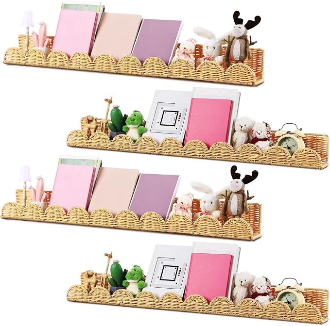 Pinkunn 4 Pcs Nursery Book Shelves 35.4 Inch Rattan Scalloped Floating Bookshelves Wicker Boho Book Shelf for Wall Mounted Decor Nursery Rooms Hanging