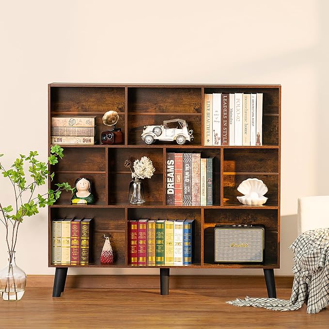 LEYAOYAO 10 Cube Bookshelf,3 Tier Modern Wide Bookcase with Legs,Mid-Century Wood Bookshelves Storage,Brown Large Book Case,Freestanding Organizer Display Shelf for Bedroom,Living Room,Office