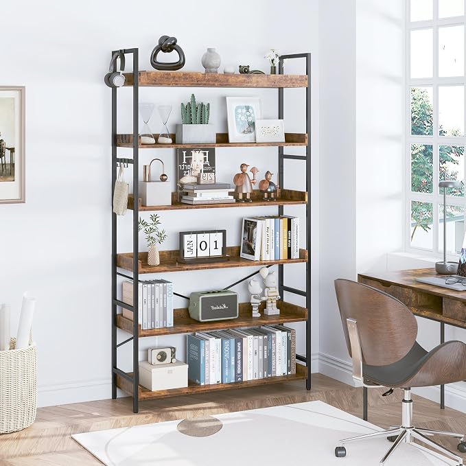 HCHQHS Bookshelf, Adjustable Industrial Bookcase, Vertical Tall Book Shelf, Wood and Black Metal Open Bookshelves for Home Office, Living Room, Bedroom (Rustic Brown, 6-Tier (31" W x 70" H))