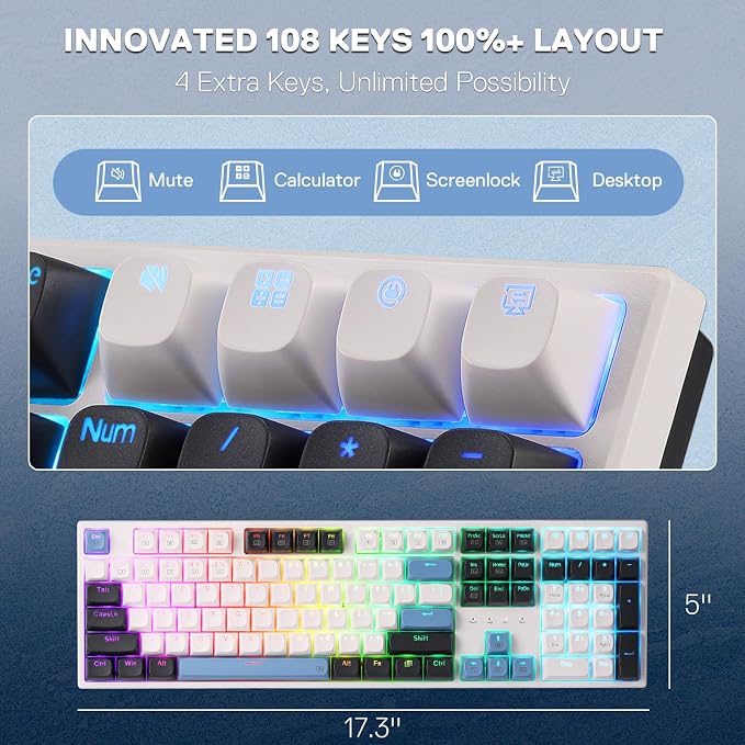 Redragon K668 Wired Gasket RGB Gaming Keyboard, 108 Keys Mechanical Keyboard w/Extra 4 Hotkeys, Upgraded Hot-swappable Socket, Sound Absorbing Foam, Mixed Color Keycaps, Custom Linear Switch