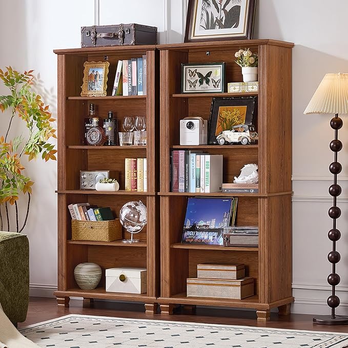 SAVOR LIFE 70" Tall Brown Bookshelf,5 Tier Wooden Book Shelf with Adjustable Shelves & Wood Legs,Free Standing Farmhouse Bookcase with Open Display Storage,Vintage Bookshelves for Classroom, 2PCS