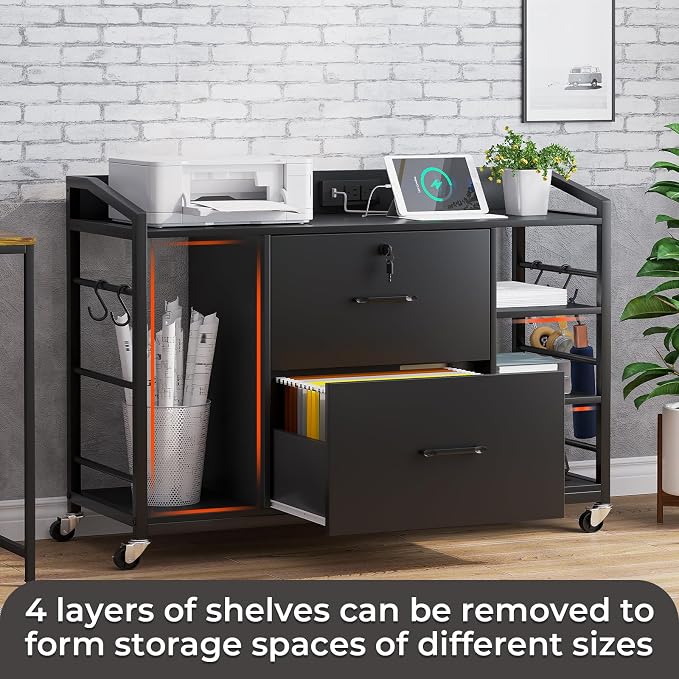 SEDETA 44" File Cabinet, Filing Cabinets fits Legal, Letter, A4 Size, 2 Drawer Office File Cabinet for Home Office with Lock, Power Strip, 6 Adjustable Shelves & 4 Hooks, Black