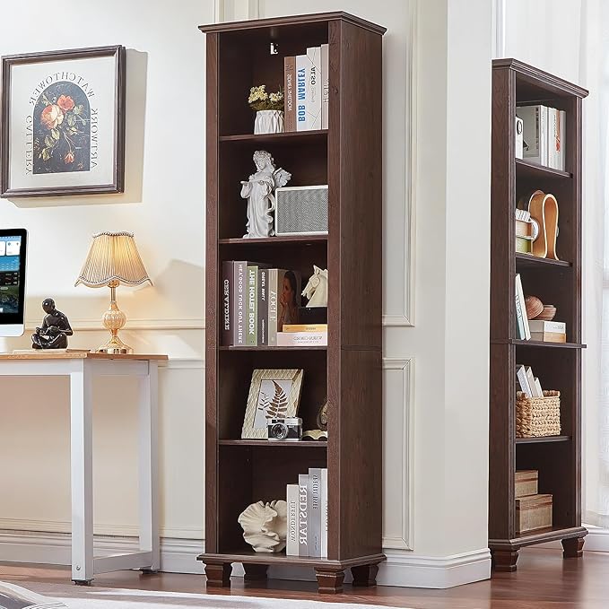 SAVOR LIFE Narrow Walnut Book Shelf, 70" Tall Skinny Bookshelf with Adjustable Shelves & Wooden Legs, Farmhouse Wood Bookcase w/5-Tier Open Storage, Free Standing Book Case for Office,Living Room,3PCS