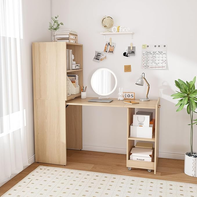 LUMISOL Multi-Function Folding Out Desk with Storage Shelves for Home & Office, Hidden Desks with Mobile Wheels, Pull Out Home Office Desk for Small Spaces, Natural Wood
