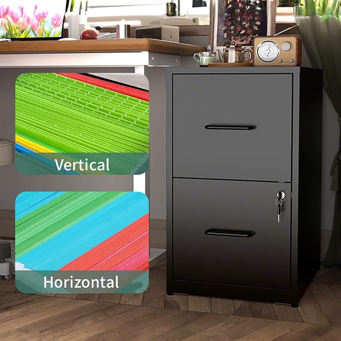 2 Drawer File Cabinet with Lock,Metal Vertical Filing Cabinets for Home Office,Heavy Duty File Storage Cabinet for Letter/Legal/A4/F4 Size File,Assembly Require (Black, Vertical 2 Drawer)