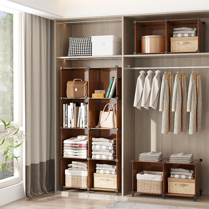 AWTATOS Cube Storage Organizer, Storage Cubes Shelves Bookshelf, 6 Cube Closet Organizers and Storage, DIY Stackable Plastic Clothes Organizer Shelving for Bedroom, Home, Cocoa Brown