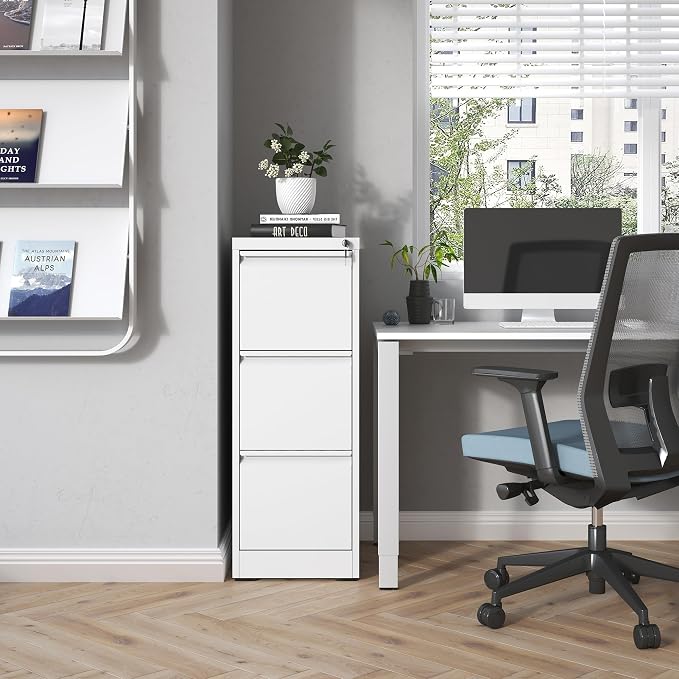 3 Drawer File Cabinet with Lock,Metal Vertical Filing Cabinets for Home Office,Heavy Duty File Storage Cabinet for Letter/Legal/A4/F4 Size File,Assembly Require (White, Vertical 3 Drawer)