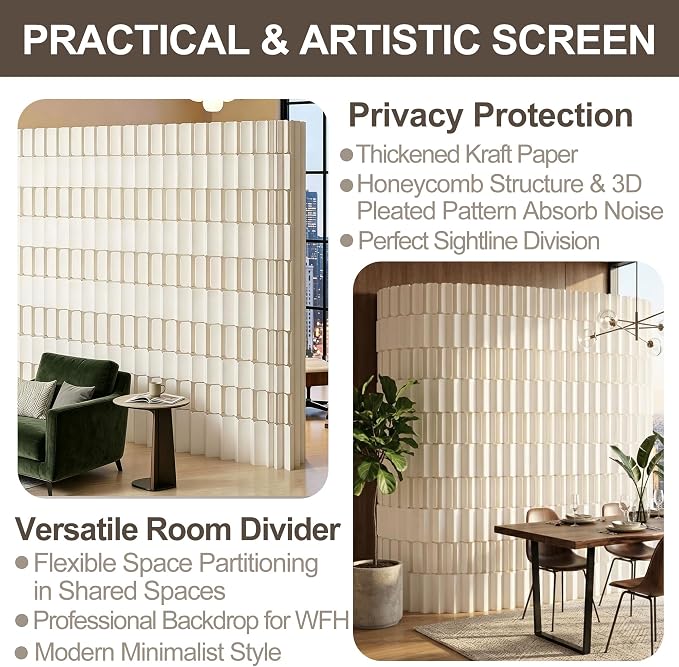 Modern Folding Room Divider for Space Separation, 5.2ft Tall Honeycomb Accordion Privacy Screen, Kraft Paper Portable Freestanding Partition Wall, No Drilling (Style-C, L157.5 x H78.7 Inch)