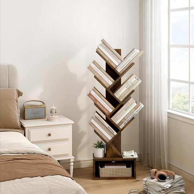 Hoctieon 6 Tier Tree Bookshelf, Tall Bookcase with Drawer, Freestanding Book Shelf, Display Floor Standing Storage Shelf, Book Organizer Shelves for Home Office, Rustic Brown