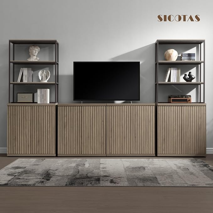 SICOTAS Book Shelf Fluted Bookshelf Cabinet - 75" Tall Bookcase 6 Tier Large Bookshelves with Doors Storage Modern Double Wide Book Shelves Case for Living Room Home Office Library, Metal Frame, Grey