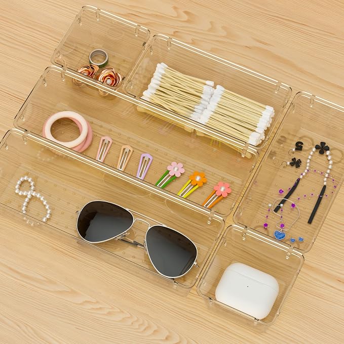 WOWBOX 12 Pack Clear Drawer Organizer Set, Acrylic Drawer Storage Trays, Storage Bins for Makeup, Cosmetics, Jewelries, Utensils, Gadgets, Office, Champagne