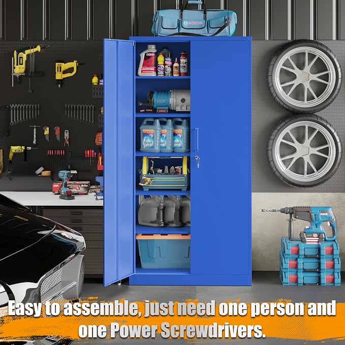 STANI Metal Garage Storage Cabinet with Lock, 71" Steel Lockable File Cabinet, Locking Steel Storage Cabinet with 5 Adjustable Shelves for Home, Office, Garage, Warehouse (Blue, 2 Door - 71" H)