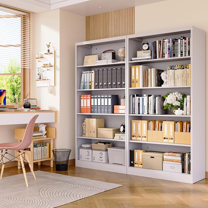 Bookcase, 5 Tier Bookshelves, 14" Deep Book Case for Book/Decor/CD/Movie, Metal Adjustable Book Shelf, 66" Tall Modern Bookshelf for Bedroom Living Room Home Office School (White, 66"Hx33"Wx14"D)