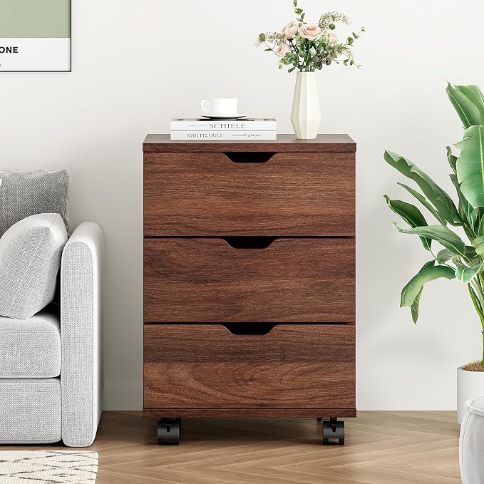 Farini 3-Drawer Under Desk Wooden File Storage Cabinet with Lockable Caster for Home Office,Brown,Required Assembly