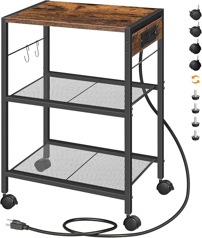 HOOBRO Industrial Printer Stand, 3-Tier Mobile Printer Table, Rolling Cart with Power Outlets and USB Ports, Home Printer Stand with 2 Hooks, for Office, Living Room, Rustic Brown BF22UPS01