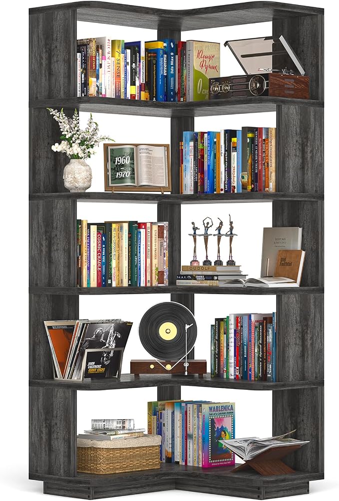 Armocity Corner Book Shelf - 6 Tier Corner Bookshelf Etagere Bookcase with Baffle, Freestanding L Shaped Display Shelf Stand for Home Office, Living Room, Bedroom, Kitchen, Grey Oak