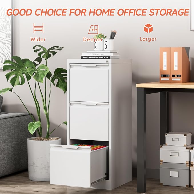 3 Drawer File Cabinet with Lock,Vertical Filing Cabinets for Home Office,Heavy Duty Metal File Cabinet for Hanging A4/Letter/Legal Size File,Vertical File Cabinet 15" W X 17.8" D X 38.3" H-White