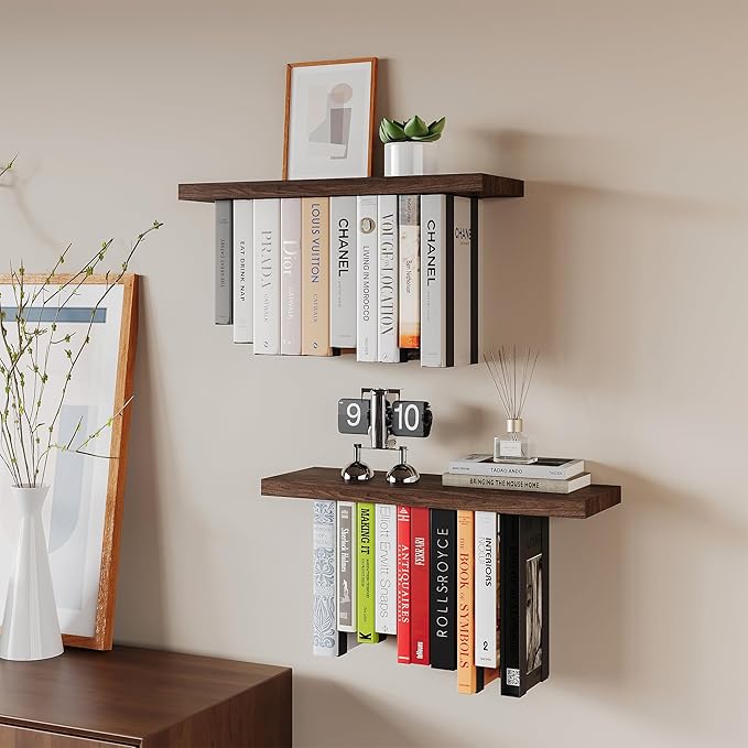 Floating Bookshelves for Wall, Rustic Wood Hanging Wall Bookshelf, Upside Down Book Shelf and Wall Mounted Bookshelves for Home Decor in Bedroom, Living Room, Carbonized, 2 Pack