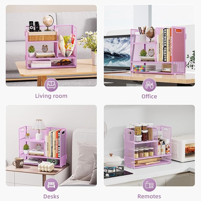 Marbrasse 3-Tier Desk Shelf Organizer with Handle, Desktop Bookshelf File Holder, Mesh Display Shelf Organizer Storage Rack for Office, Home, Supplies, Kitchen (Purple)