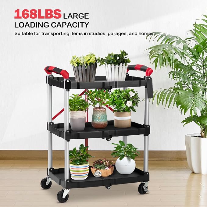 Garvee Collapsible Cart with Wheels, Service Cart, Rolling Carts with Wheels Foldable, 3 Tier Rolling Utility Cart, Folding Utility Shopping Cart for Bar, Kitchen, Office, Shopping, Garage