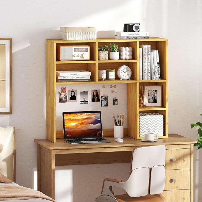 LDAILY Desktop Bookshelf, 37’’ Wood Desk Shelf with 7 Cubes & 3 Adjustable Shelves, 3-Tier Desk Display Rack, Desk Hutch for Dorm College Office Computer Monitor Up to 27’’ (Burlywood, 7 Shelves)