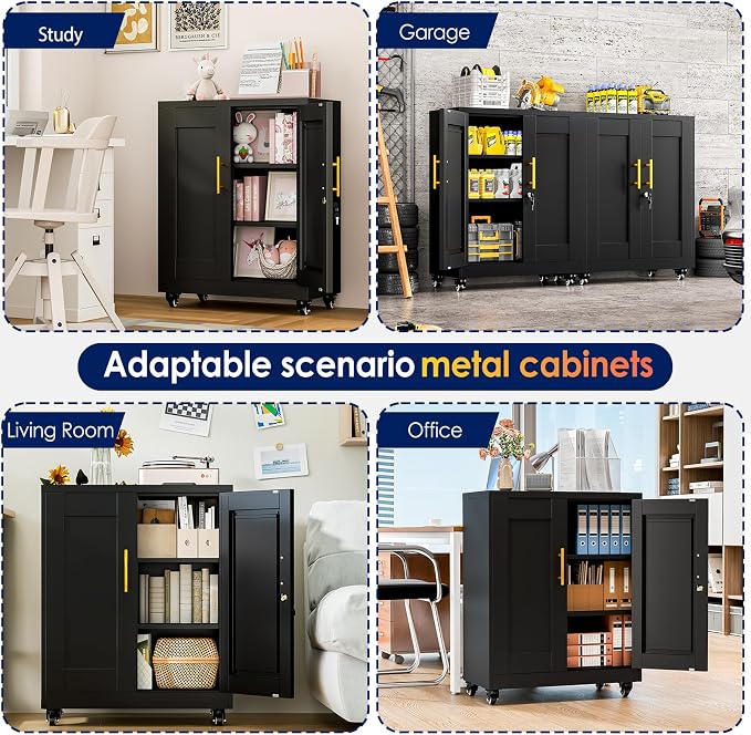erosoei 35" H Metal Garage Storage Cabinet, Rolling Tool Cabinet with 2 Doors and Wheels, Locker Steel Cabinet with 2 Adjustable Shelves, Organization Cabinet for Garage,Office,Home,Gym,School（Black）