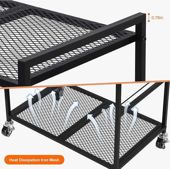 YBING Computer Tower Stand, PC Tower Stand Metal Mobile CPU Holder Stand Cart with Caster Wheels 2 Tier Rolling Printer Cart Under Desk for Fax Home Office Black