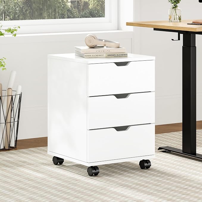 Farini 3-Drawer Under Desk Wooden File Storage Cabinet with Lockable Caster for Home Office,White,Fully Assembly