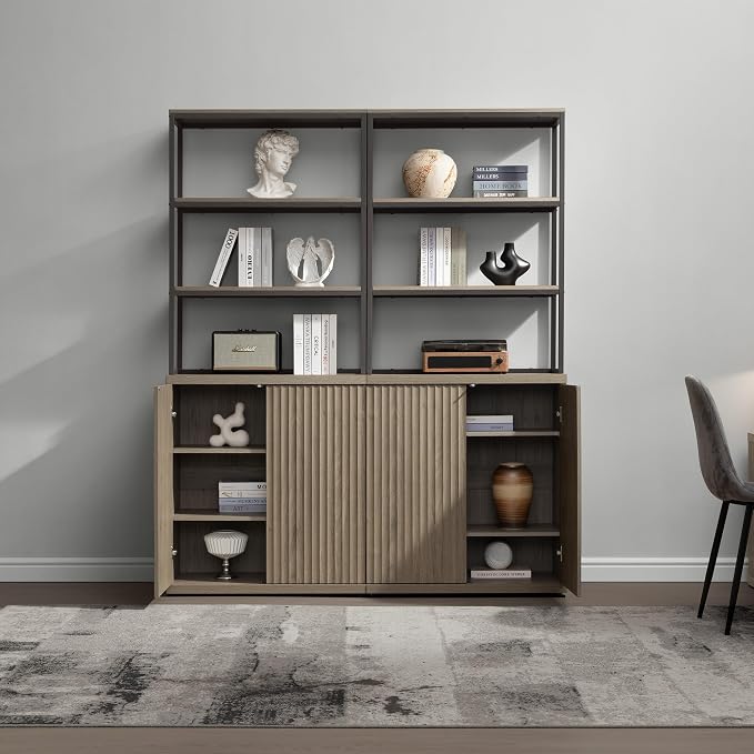 SICOTAS Book Shelf Fluted Bookshelf Cabinet - 75" Tall Bookcase 6 Tier Large Bookshelves with Doors Storage Modern Triple Wide Book Shelves Case for Living Room Home Office, Metal Frame, Grey