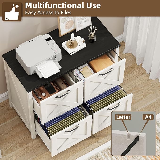Halitaa Lateral File Cabinet with 4 Drawers, Farmhouse File Cabinet for Letter/A4 Size Hanging Files, Large Wood File Storage Cabinets Printer Stand for Home Office Cabinets, Rustic White and Black