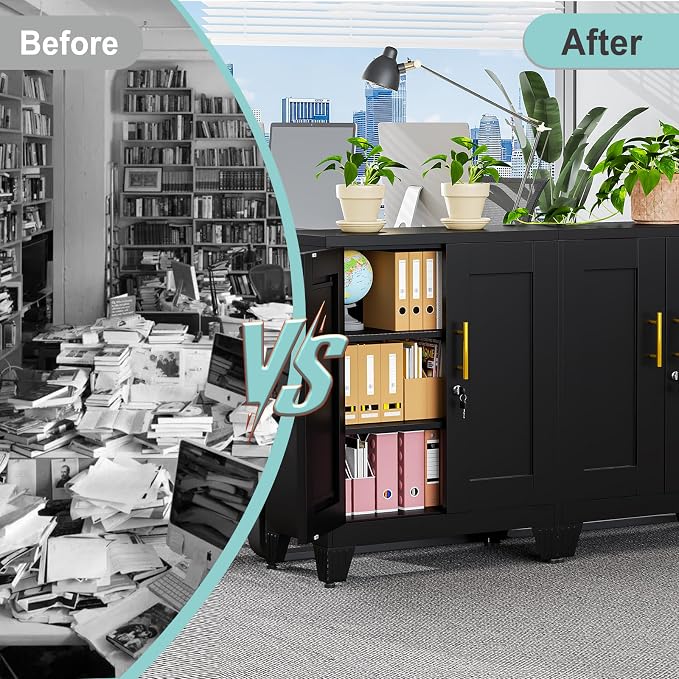 pozdeg 35.43" Metal Storage Cabinet with Lock, Metal File Cabinet with 2 Doors ＆ 2 Adjustable Shelves, Steel Locker Utility Tool Garage Cabinets for Home, Office, Warehouse (Black)
