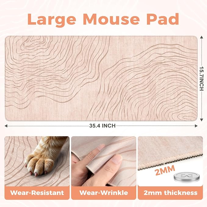 iCasso Big Mouse Pad,Aesthetic Desk Cover Mat for Desktop,Anti-Slip Computer Mat with Stitched Edges,Cute Beige Keyboard Mat for Women,Extended Long Desk Protector for Office Home Dorm