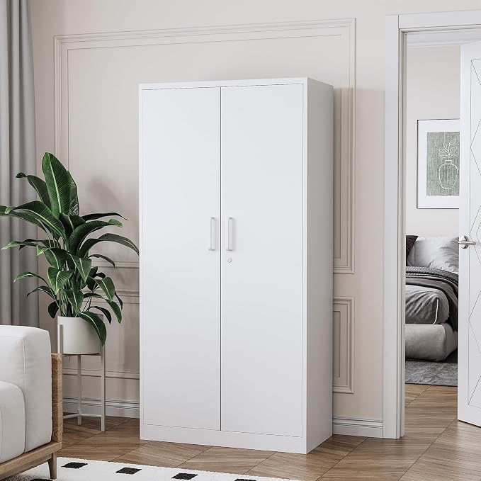 STANI Metal Garage Storage Cabinet with Lock, 71" Steel Lockable File Cabinet, Locking Steel Storage Cabinet with 5 Adjustable Shelves for Home, Office, Warehouse, Garage, School (White)