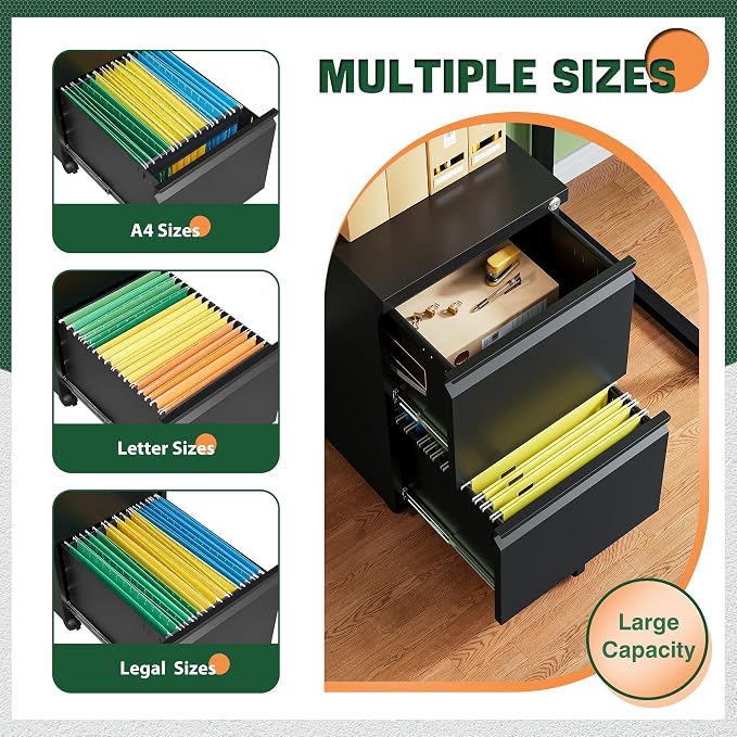 Letaya Mobile File Cabinet with Lock,2 Drawer Under Desk Metal Rolling Filing Cabinets for Home Office Organizer Letters/Legal/A4(Fully Assembled-Black)