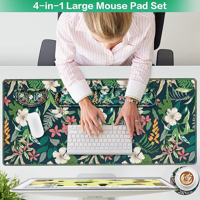 Desk Mat Floral, Large Gaming Mouse Pad with Wrist Rest, 4in1 XXL Mousepad+Keyboard Wrist Rest+Mouse Pad Wrist Support+Cup Coaster Set Ergonomic Computer Desk Arm Wrist for Decor Home Office Women