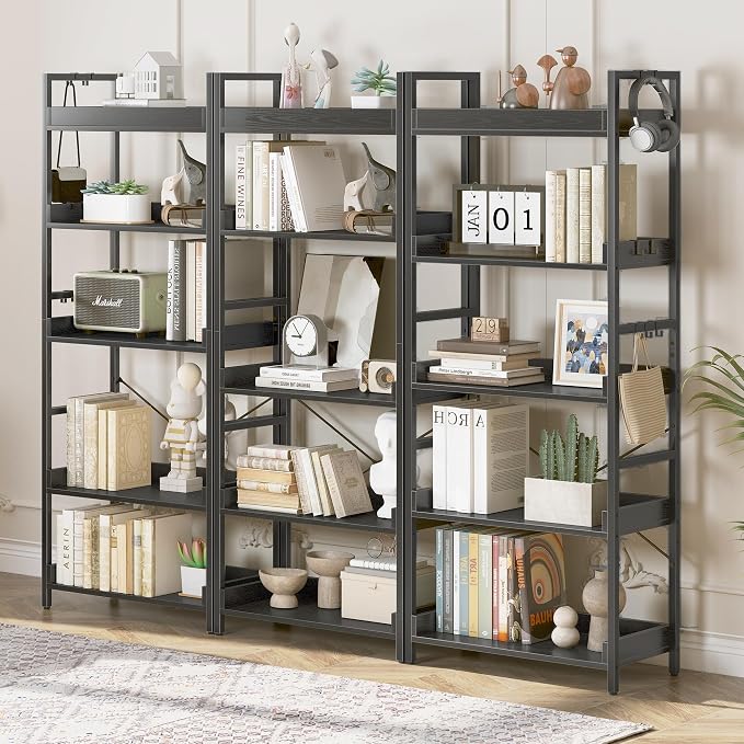 HCHQHS 5 Tier Bookshelf, Adjustable Industrial Bookcase, Vertical Tall Book Shelf, Wood and Black Metal Open Bookshelves for Home Office, Living Room, Bedroom