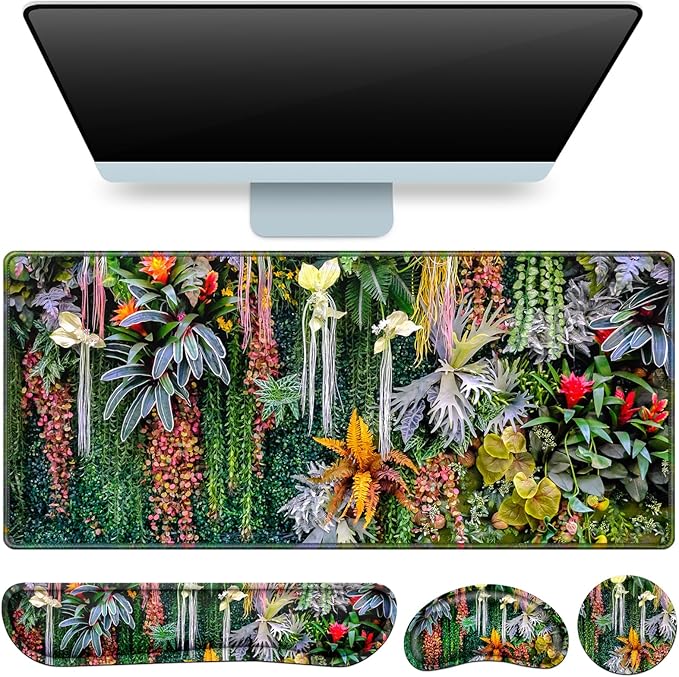 Desk Mat Floral, Large Gaming Mouse Pad with Wrist Rest, 4in1 XXL Mousepad+Keyboard Wrist Rest+Mouse Pad Wrist Support+Cup Coaster Set Ergonomic Computer Desk Arm Wrist for Decor Home Office Women