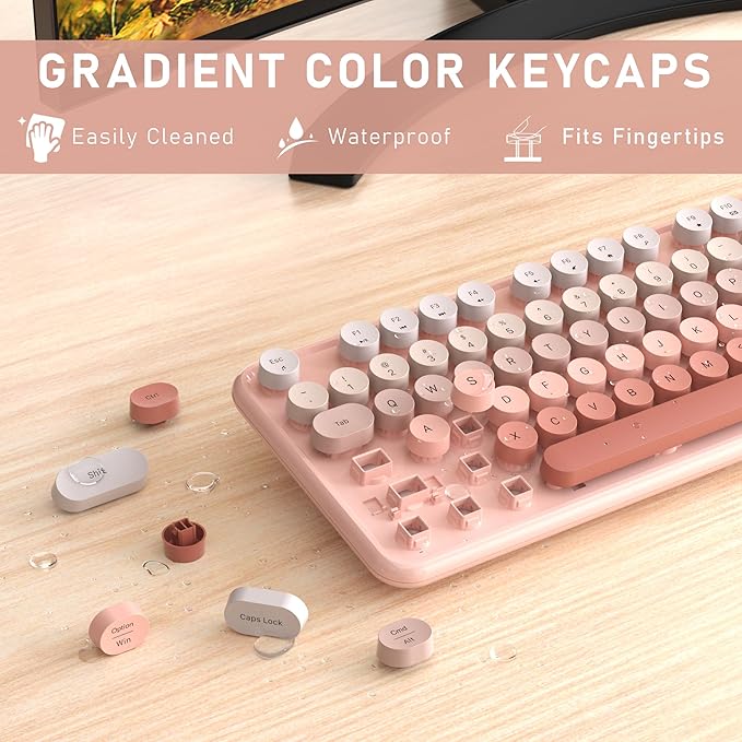 Links9+ Wireless Keyboard and Mouse, Full-Size Retro Typewriter Keyboard with Round Keycaps, 2.4GHz for Windows, Mac, Laptop, PC, Desktop (Peach Gradient)