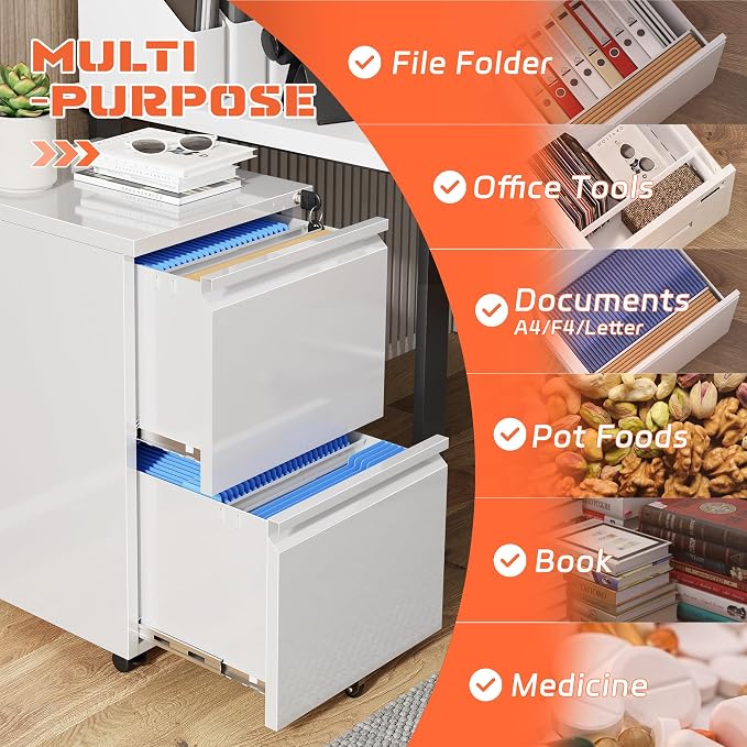 INTERGREAT Mobile File Cabinet with Lock,Under Desk Metal Filing Cabinet for Home Office, White 2 Drawer File Cabinets with Wheels for Legal/Letter/A4 File