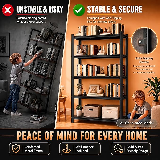Bolt-Free 4 Tier Metal Bookshelf, 45.5"W Adjustable Tall Bookcase, 1800LBS Heavy Duty Deep Book Shelf, 2 in 1 Industrial Black Wide Bookshelf, Modern Bookshelves for Bedroom, Living Room, 16"D x 63"H