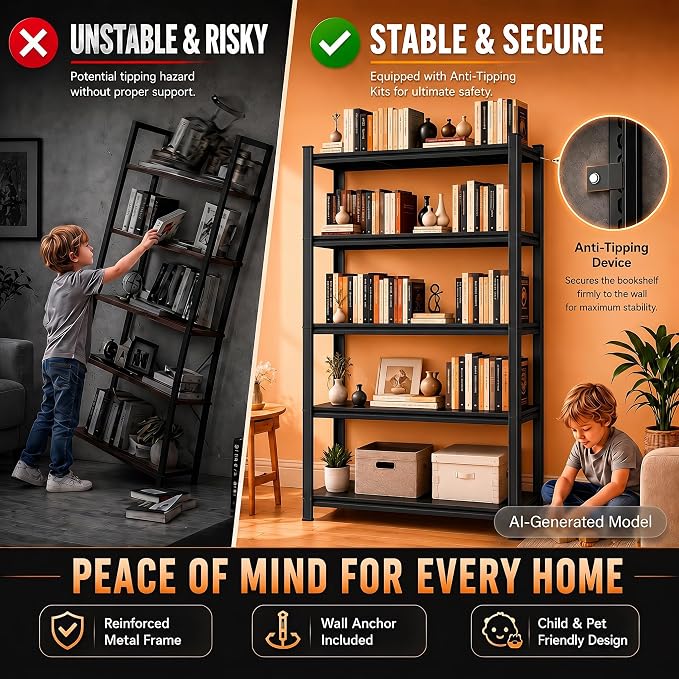 Modern Metal Book Shelf, Heavy Duty Black Bookshelf, Bolt-Free Deep Bookcase for CDs Movies Garage Kit, Adjustable Bookshelf in Living Room, Bedroom, Kitchen, Office, 28" W x14 D x32 H